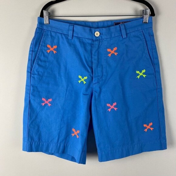 Vineyard Vines Breaker Shorts Mens 32 Blue Neon Embroidered Cross Fishbone - Picture 1 of 9